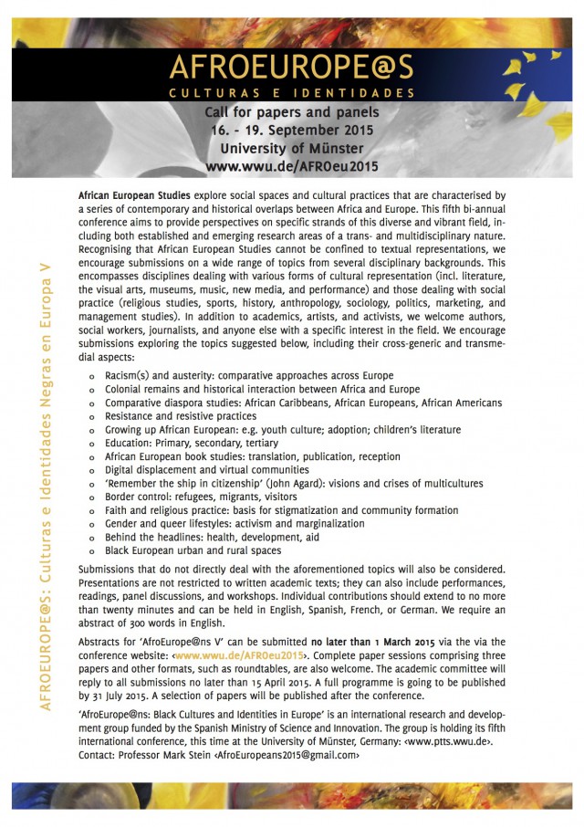 CALL FOR PAPERS: Afro European Studies Conference, Münster, 16-19 September 2015